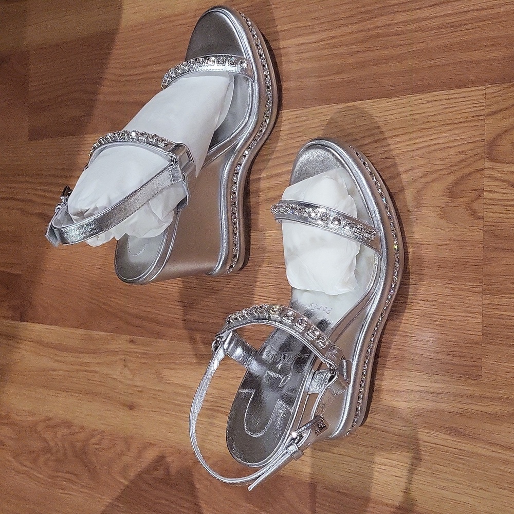 Christian Louboutin Silver Crystal-Embellished Wedge Sandals - Picture 9 of 12
